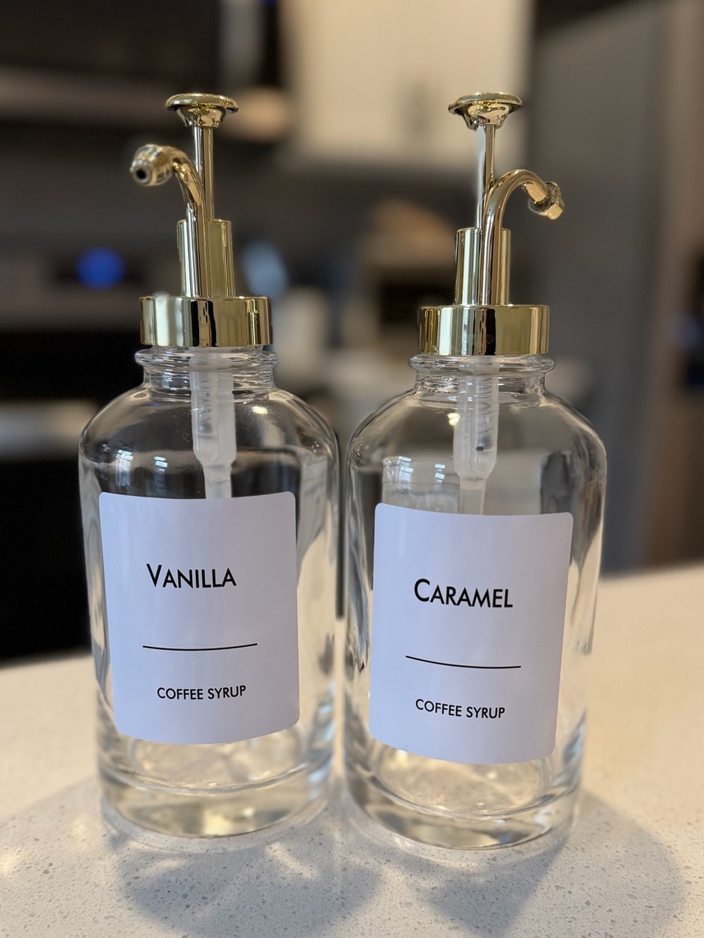 Coffee Syrup Dispenser Bottles (Set of 2)–Glass w/ Gold Pumps + Extra Labels NWT - Picture 4 of 5